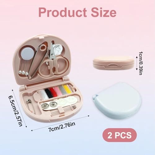 2 Pack Mini Sewing Kit, Compact Semi-Circular Travel Sewing Case, Portable Needle and Thread Set with Scissors Buttons Pins for Home & Outdoor Use (Blue & Pink) — view 2