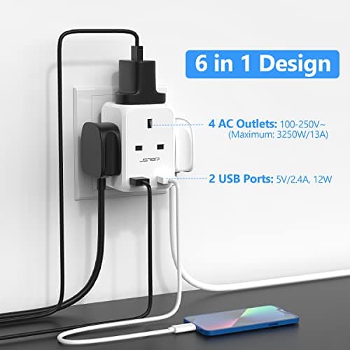 4 Way Plug Adapter USB, JSVER Multi Plug Extension UK with 2 USB Ports 13A Multiplug Socket Adapter for Phone,Tablet White — view 3