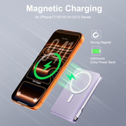 Magnetic Portable Charger,10000mAh Power Bank Built in Cables & LED Display External Battery Pack 22.5W Fast Charging Wireless Travel Powerbank for iPhone 17/16/15/14/13/12 Series/iPad,purple — view 2