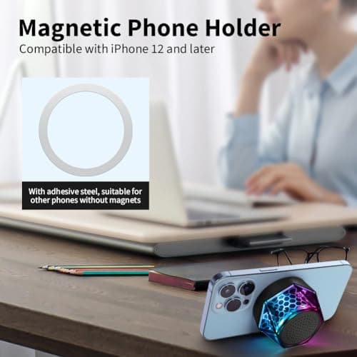 vsshe G300 Bluetooth Speaker, Ultra Small Portable Wireless Speaker with Magnetic Adsorption for Phones Metal Surfaces, with Multi-Color RGB Colorful Lights and Phone Holder, for Hiking and Outdoors — view 6