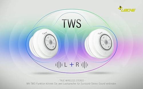 LEICKE Bluetooth Shower Speaker, Dust/Steam/Waterproof, Portable Wireless Speaker with Suction Cup, Compatible with Siri & Google Assistant, 18W Surround Sound, White — view 4