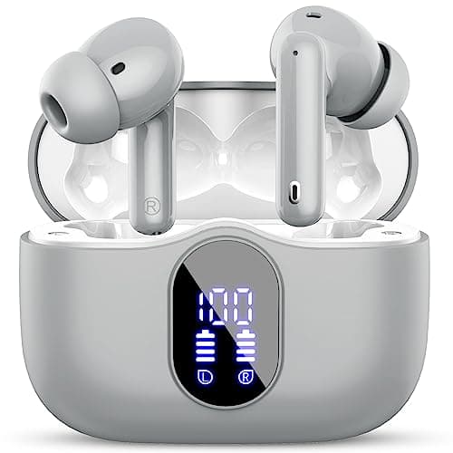 Wireless Earbuds, Bluetooth 5.4 Headphones In Ear with 4 ENC Noise Cancelling Mic, Bluetooth Earbuds Mini Deep Bass Stereo Sound, 36H Playtime LED Display Wireless Earphones IP7 Waterproof, Grey