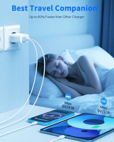 EU plug travel adapter charger, European wall adapter with 2 USB-C fast charging ports and 1 USB-A port, European universal fast charger compatible with iPhone and Samsung — view 3