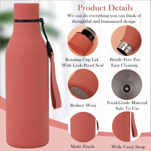 Water Bottle with Strap 550ml, Stainless Steel Water Bottle, Double Wall Insulated Flask Bottle Keeps 24H Cold/12H Hot, Leakproof Metal Drinks Bottle, BPA-Free for Travel, Gym, Hiking (Red) — view 3