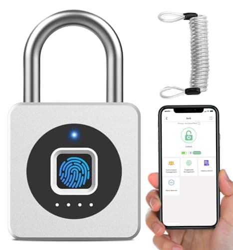 eLinkSmart Fingerprint Gym Locker Lock, Keyless Biometric Padlock, Weatherproof Electronic Digital Smart Combo Pad Lock for Outdoor Fence Gate Storage Fridge Helmet Ski Pool Shed (Silver, with Cable)