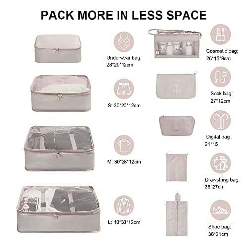 OSDUE Packing Cubes for Suitcases, 9PCS Travel Luggage Packing Organizers Waterproof Travel Essentials Bag Accessories Clothes Shoes Cosmetics Toiletries Storage Bags(Beige) — view 2