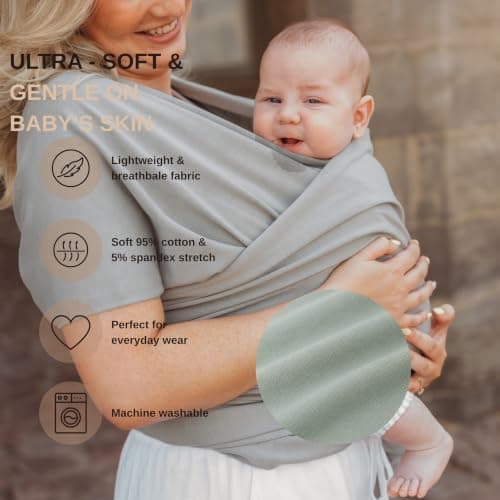 RYLOOBABY Baby Sling Carrier & Stretchy Baby Wrap – Newborn Baby Carrier 3.2–15 kg, Soft Cotton Hands-Free Babywearing Sling, Hip Healthy, One Size XXS–XXXL – Sage — view 4