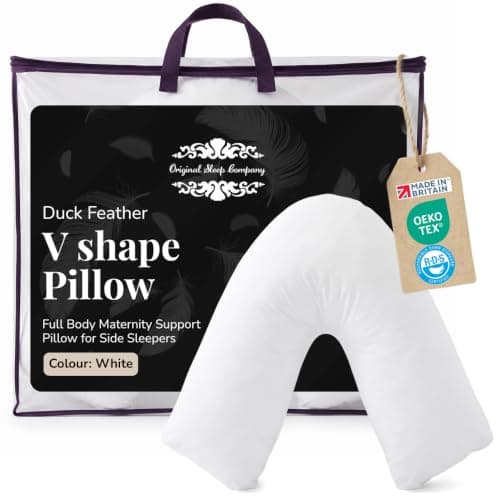 Bedding Direct UK Superior Duck Feather V-Shaped Pillow - Side Sleep Pregnancy Pillow with Polycotton Cover with Pillowcase - Support to Eliminate Neck, Back, Hip, Joint - U Shape Neck Pillow White