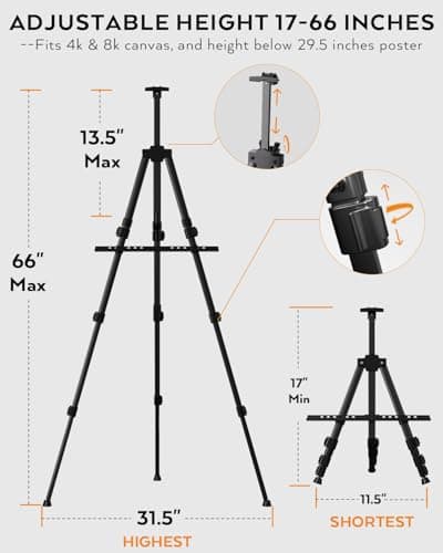 Nicpro Art Easel for Sign, Black Aluminum Metal Tripod Stand - Adjustable Height 17 to 66" for Table-Top/Floor Painting, Drawing, Display, Poster, Canvas — view 3