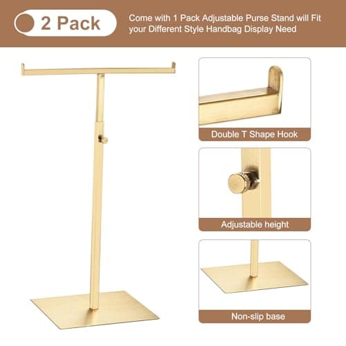 sourcing map Purse Display Stand T Shaped Metal 2 Pack Adjustable Handbag Rack Double Hook Holder Necklace Organizer for Home Boutique Store - Gold — view 4