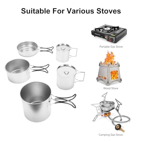 Aomiun 5 PCS Stainless Steel Camping Cookware Set, Camping Pot Pan Cup with Foldable Handles for Backpacking Camping Hiking — view 5