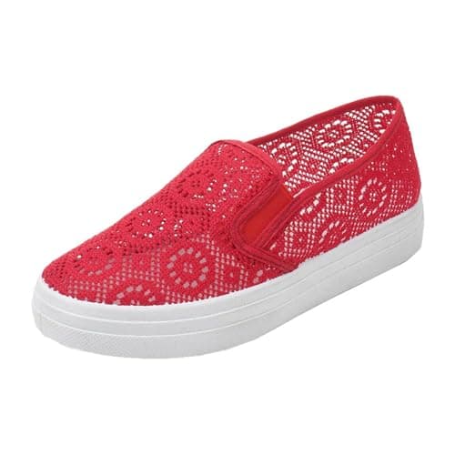 Womens Slip On Mesh Casual Shoes Summer Breathable Platform Low Top Flat Walking Shoes Lightweight Non Slip Comfort Fashion Hands-Free Trainers Outdoor Beach Travel Ladies Footwear Red