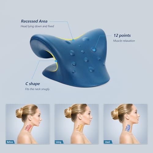 Neck Stretcher for Pain Relief, Neck and Shoulder Relaxer, Cervical Traction Device for TMJ Pain Relief and Cervical Spine Alignment Neck Curve Corrector, Chiropractic Pillow (Dark Blue) — view 2