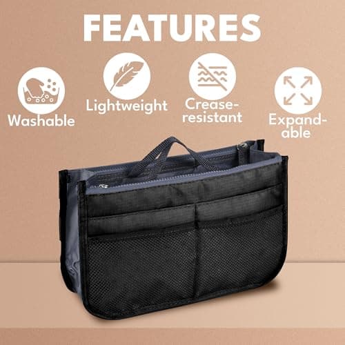 JJ PRIME - Multi-Compartment Handbag Insert | Expandable Liner Bag Pouch Zipper Closure | Tote Bag Organiser Insert with 13 Pockets and Handle for Easy Lifting (Travel, Cosmetics, Toiletries), Black — view 2