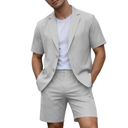 RUMAOZIA Men's Linen Summer Lightweight Suits Short Summer Shirt Set Figure-Shaping Travel Linen Suit Urban Breathable Expedition Oversize Short Sleeve Suit Beach Two Piece Leisure Suit, O Light Grey