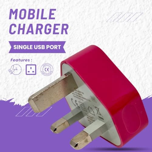 Electoys Single USB Plug UK - 5V 1A Fast Charger - Compatible with iPhone, Samsung, Redmi, Huawei, HTC, LG - Hot Pink — view 3