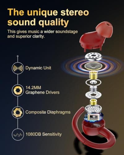 Sports Wireless Earbuds with EarHooks HiFi Stereo Sound, Elegant Red — view 2