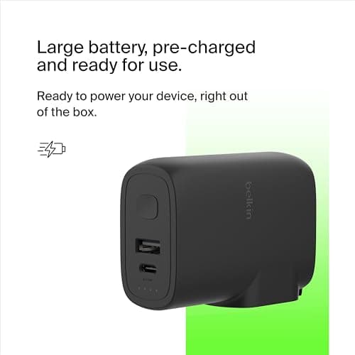 Belkin BoostCharge Hybrid Wall Charger 25W + Power Bank 5000mAh, 2-in-1 Portable Charger with USB-C PD3.0 Port & USB-A Port, Dual-Port Battery Pack, USB-C Charger, USB Plug + C to C Cable — view 5