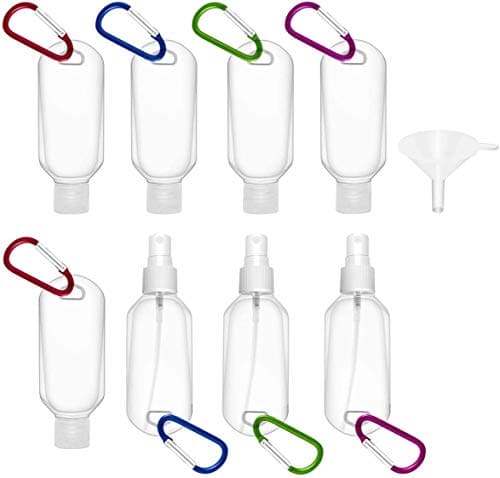 Tenlacum 50ml Refillable Bottles Travel Carabiner with Keychain Clip Portable Squeeze Sanitiser Hand Containers Transparent Empty Bottles 8PCS