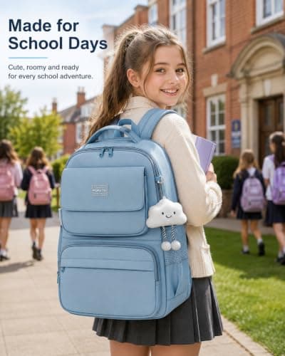 FIORETTO 25L School Bag for Girls & Teens, Womens Backpack Rucksack with Organized Pockets, Trolley Strap & Chest Buckle, Fits 15.6" Laptop, Ideal for School, Travel & Daily Use Blue — view 3