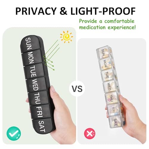 Portable Weekly Pill Box Organiser, 7 Day Travel Pill Case with Push Button Pop Open Lids Design, Black Weekly Tablet Pill Organiser for Vitamins, Supplements & Medicine Mark Curve — view 3