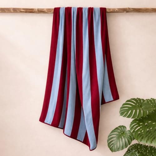 Misona Large Organic Cotton Beach Towel - GOTS-Certified, Extra-Large 90 x 180 cm, Plush Dual-Sided Velour & Terry, Striped Summer Towel for Beach, Pool & Travel (Burgundy & Sky Blue) — view 2