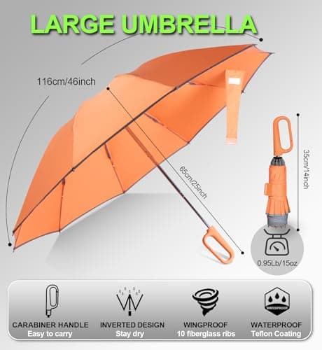 TUMAAOTU Compact Inverted Umbrella with Never Forget Carabiner Handle - Travel Umbrella Windproof Strong, Reverse Umbrellas for wind rain, Auto Open Close, 10 Rib Durable Frame for Women Men (Orange) — view 4