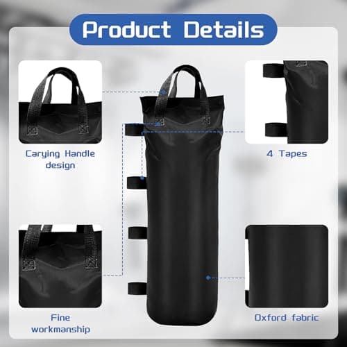 12 Pack Heavy Duty Gazebo Weights Sandbags, 800D Oxford Waterproof Tent Leg Weight Bags with 4 Secure Straps for Pop Up Gazebo, Marquee, Parasol and Market Stall (Empty) - 20 x 50 cm — view 3
