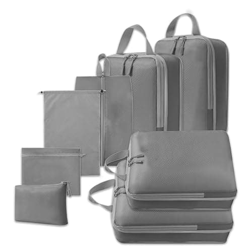 White Hawk 8-Pcs Compression Packing Cubes for Suitcases – Waterproof Diamond Polyester, No Mesh, Space-Saving Luggage Organiser, Travel Bags for Suitcases, Backpacks & Carry-Ons (Gray)