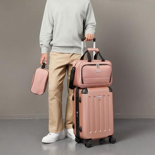 Amazon Basics Hardside Carry-On Spinner Luggage Set, 3-Piece, Carry-On Suitcase, Tote Bag, Compact Travel Bag, Expandable, 4 Spinner Wheels, Rose Gold — view 5