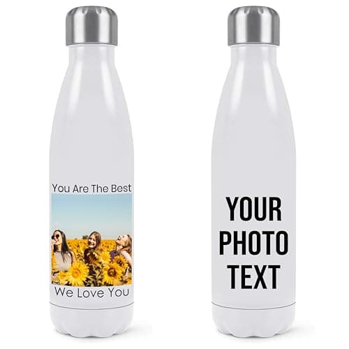 EKAM Personalised Stainless Steel Water Bottle Customise with Your own Image and Text - Thermal Vacuum Insulated 500ml Water Bottle Gift Back to School, Christmas, Mother Day, Fathers Day, Birthday