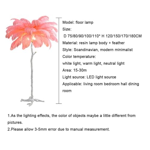 ANram Standing Bedside Lamps, Nordic Ostrich Feather Floor Lamp with 3 Color Light Switching, Gold Resin Light Body, Tall Pole Lamp Feather Lamps for Home Office Decor,Black,150x90cm/59x35in — view 2