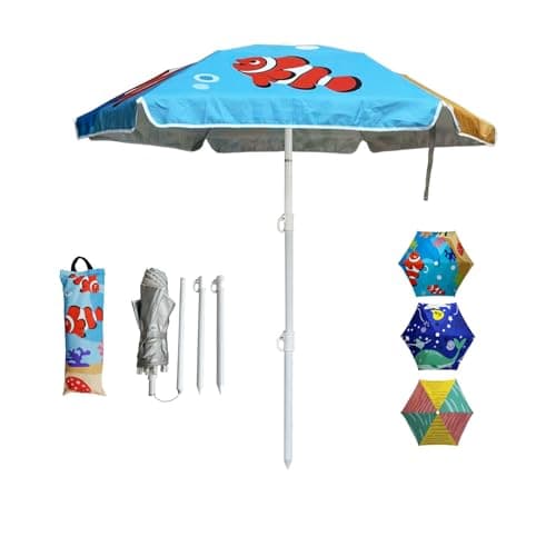 LOTTAFUN Kid 5ft Beach Umbrella Diameter 0.99-1.2 inches Pole UV 50+ Portable Sun Shade with Sand Anchor & Carry Bag, Outdoor Folding Umbrella for Beach,Pool,Patio,Garden (Fish) NO Tilt The sand needs
