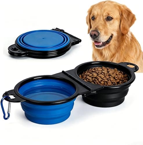 Anti-Tipping Connected Dual Foldable Pet Bowls, 350ml each for small dogs & cats, reinforced rim, collapsible portable food & water feeder, great for walking, hiking, outdoor activities (Black & Blue)