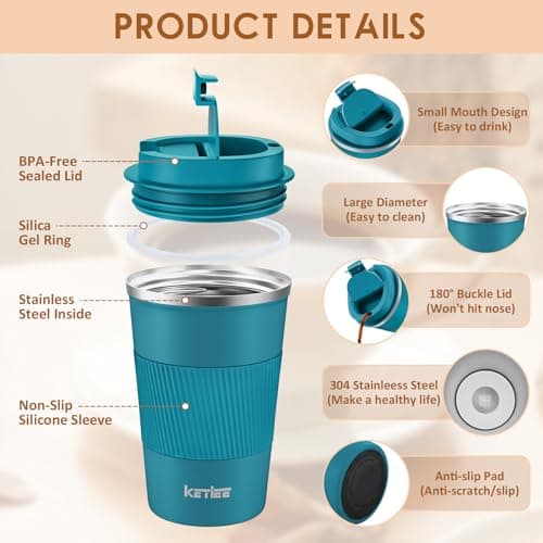 Travel Mugs,KETIEE 380ml Insulated Coffee Cup with Leakproof Lid,Reusable Double Walled Coffee Mug,Stainless Steel Thermal Cup for Hot Cold Drinks,Blue — view 2