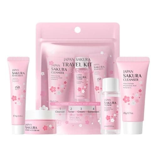Wenrny Sakura Travel Skincare Set for Teenage Girls,4 Pcs/Set Sakura Skin Care Set With Cleanser, Toner,Face Cream and Sunscreen,Travel Essentials for Women-Cleansing,Hydrating and Sun Protection