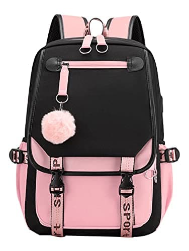 SellerFun Teenage girls' Backpack Middle School Students Bookbag Outdoor Daypack With USB charge Port (4# Black Pink, 21 Liters)