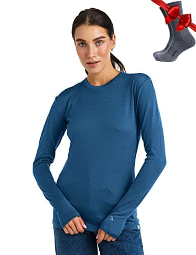 100% Merino Wool Base Layer Womens - Long Sleeve Thermal Shirts + Socks (Small, 165 Denim Blue)