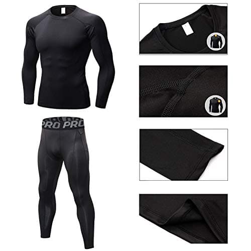 LANBAOSI Men's Gym Running Base Layer Top and Leggings Set Long Sleeve Compression Shirt Tights Thermal Underwear Suit, Black Line, M — view 2