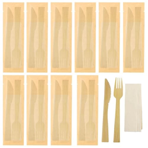 10Pack Luxury Individually Wrapped Disposable Cutlery Set; Each Includes Dinner Knives Forks Tissue; Eco-Friendly Wooden Guest Disposable Utensils for Party, Camping, Traveling, Family Dinners