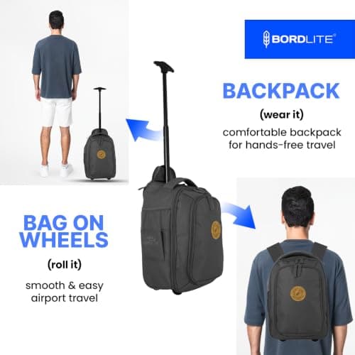 Bordlite Ryanair Cabin Approved Wheeled Backpack 40x25x20cm – 2 in 1 Lightweight Trolley Bag & Rucksack on Wheels (20L) Underseat Hand Luggage for Travel, Business, Weekend Trips - Black — view 4