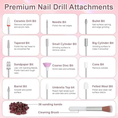 Vicloon Cordless Electric Nail Drill, 12 in 1 Rechargeable Nail File Kit 26000RPM 3 Speeds, Professional Portable Nails Kit with Bits & Sanding Bands for Beginners, for Acrylic & Gel, Pink — view 3