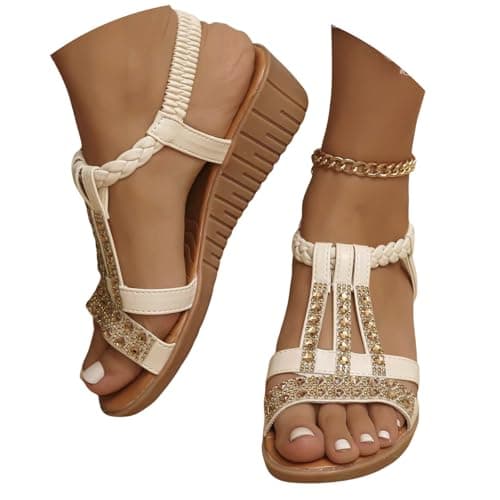 DFSDJEUW outlet clearance Womens Sandals Wide Fit Comfortable Slip on Wedge Shoes Casual Open Toe Orthopedic Slide Lightweight Summer Cushion Plantar Fasciitis slip on sandals women Beige 4.5