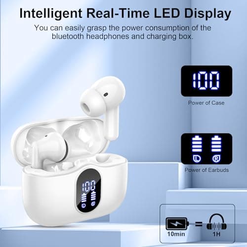 Btootos Wireless Earbuds, Bluetooth 5.4 Headphones In Ear with 4 ENC Noise Cancelling Mic, 2026 New Bluetooth Earphones Mini Deep Bass Stereo Sound, 36H Playtime LED Display IP7 Waterproof White — view 5