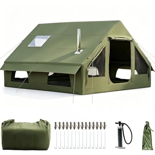 Inflatable camping tent with chimney opening and roof window, inflatable tent for 2-10 people with air pump. Waterproof Oxford cloth four-season inflatable tent, fast installation air tent
