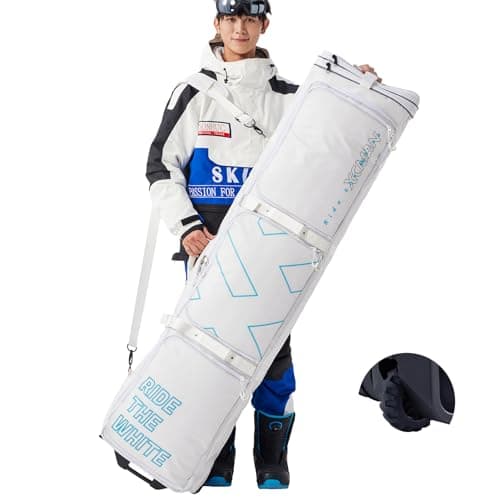 XCMAN Padded Snowboard Bag with Wheels- Snow Ski Bags for Air Travel Adjustable Length 61-70In Large Capacity with Water-Resistant White