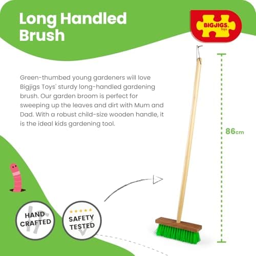 Bigjigs Toys Kids Long Handled Wooden Broom, Green Hard Bristle Brush — view 4