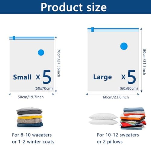 Vacuum Storage Bags - (5 x Large, 5 x Small) Space Saver Sealer Compression Bags, Reusable Vacuum Bags for Storage Clothes, Bedding, Pillows, Travel — view 2