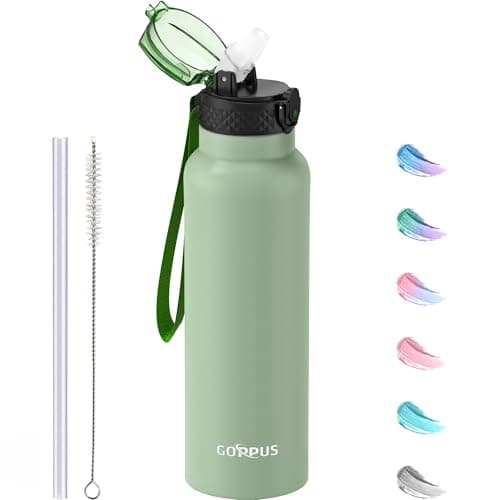 GOPPUS 750ml/26oz Stainless Water Bottle with Straw Double Wall Insulated Bottles with Strap Reusable Vacuum Thermal Flask Leakproof Keep Cold Drinks Bottles with Flip Top Lid BPA Free (Light Green)
