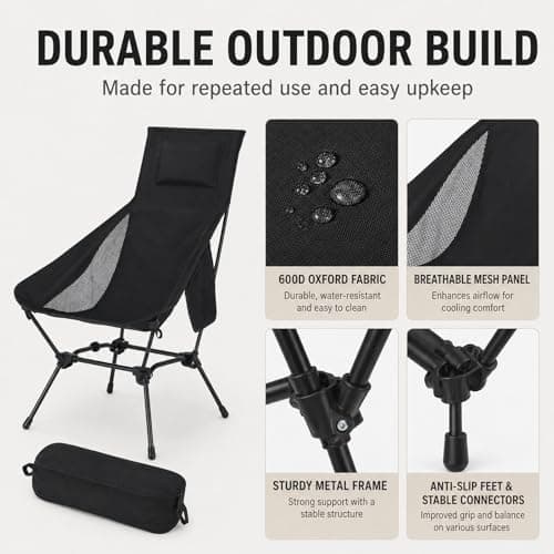 GOOGO High Back Camping Chair, Foldable Camping Chair with Side Pocket & Carry Bag, Comfortable & Breathable, 74x58x90cm, Portable Outdoor for Camping, Fishing, Beach, Picnic and Garden (Black) — view 6